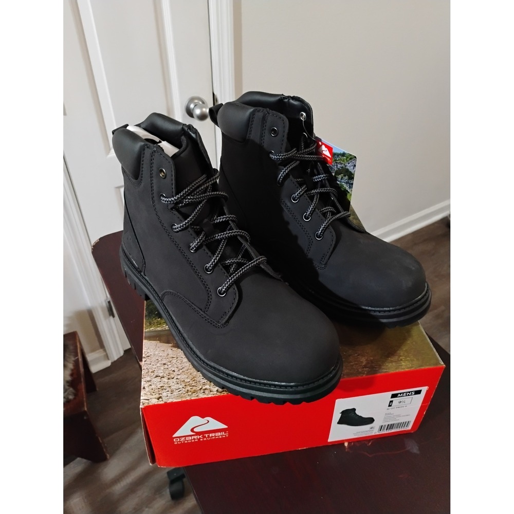Ozark Trail Mens Troy II Black Faux Leather Rugged Outdoor Work Boots 9.5 NEW